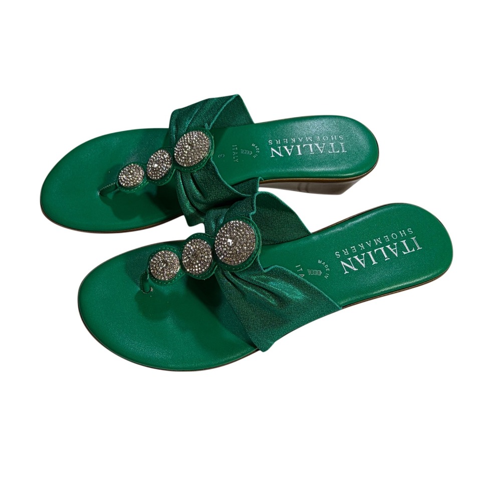 Italian Shoemakers Green Rhinestone Bow Wedge Sandals Size 9 Resort Glam - Picture 2 of 6